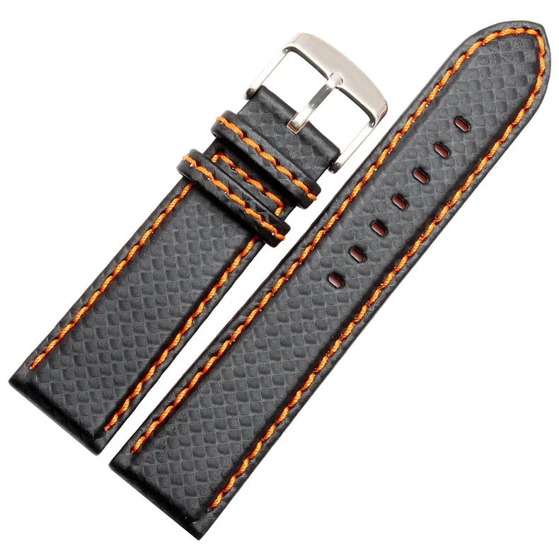 Black Red Orange Stitched Carbon Fiber Leather Sports Watch Band with Steel Clasp