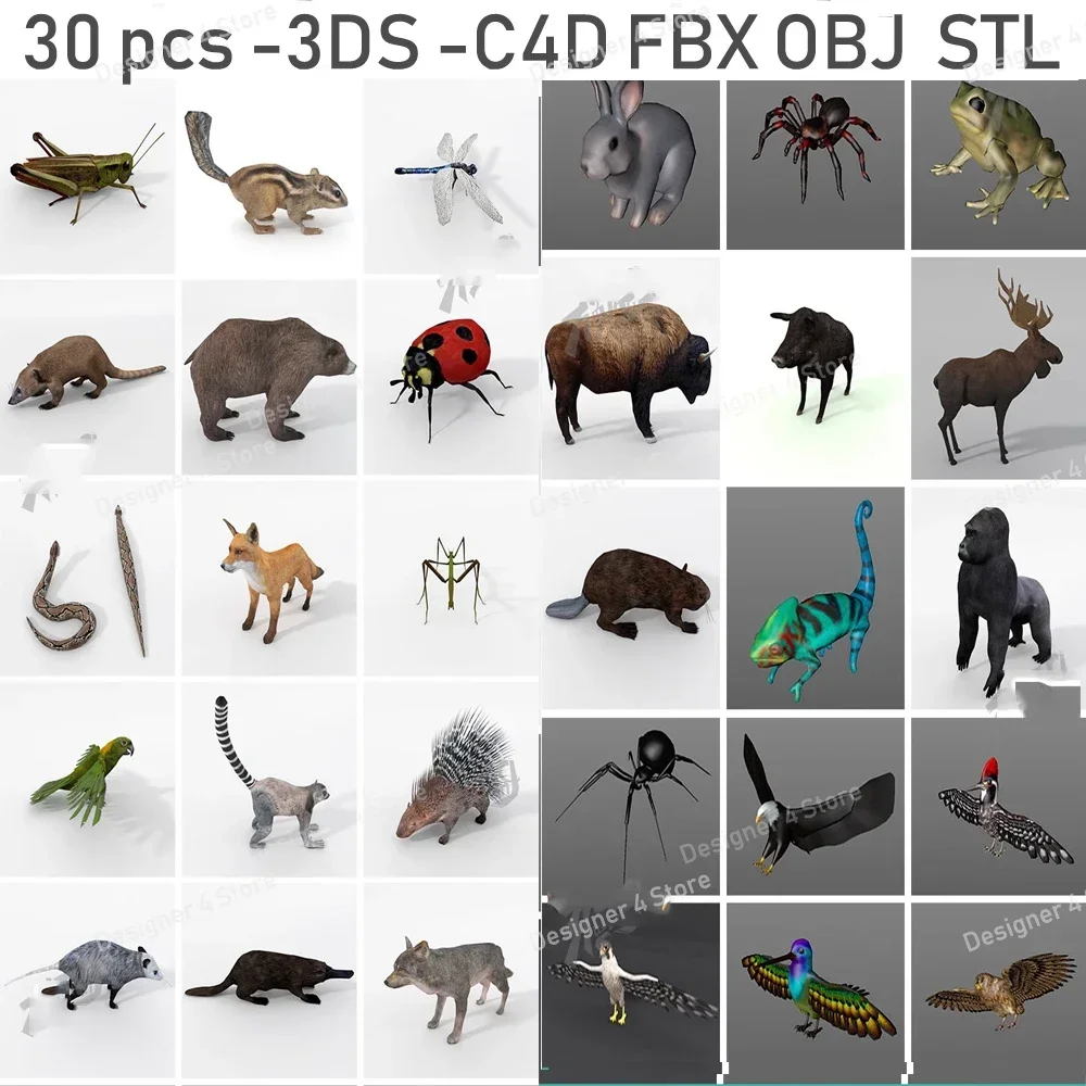 

30PSC 3DS Insect Animal Low Face C4D Model Eagle Chameleon Elk Mouse Pig Porcupine Bear RabbitFox Dragonfly FBX / OBJ /STL C4D