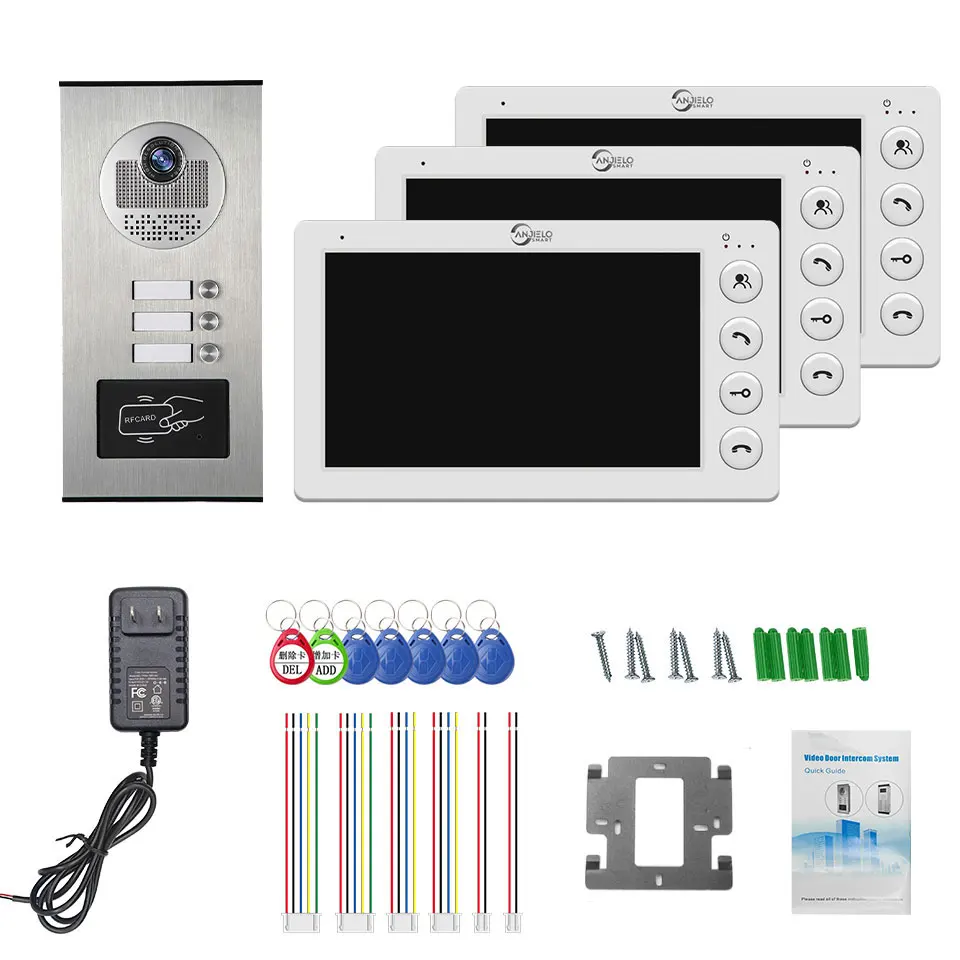 3-family Apartment Intercom Video Doorbell with RFID Card Unlock 7inch 4Wired Vi