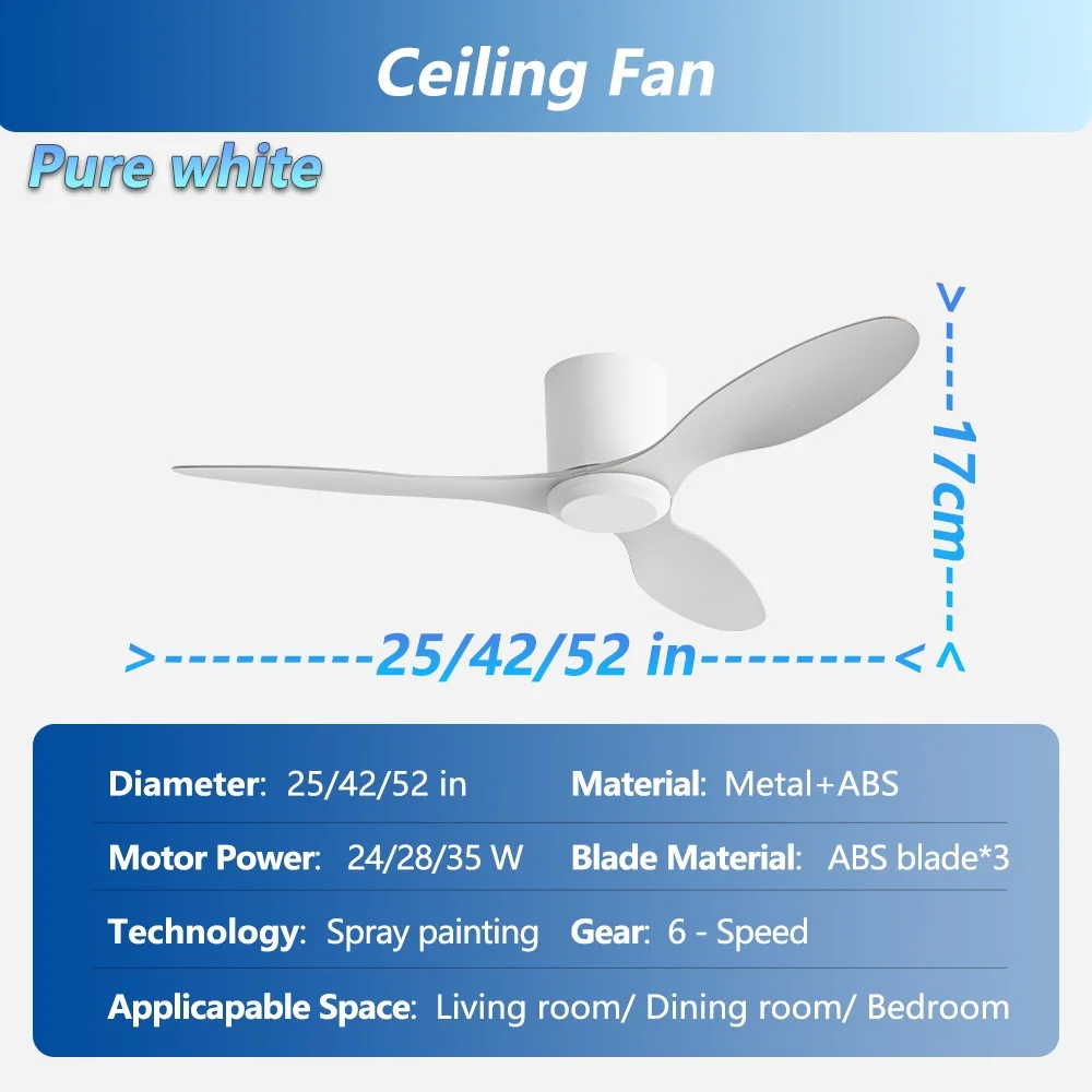 Ventilador de teto moderno de 42/52 polegadas sem luz, com controle remoto, reversível de 6 velocidades de montagem plana, motor DC silencioso 28/35W