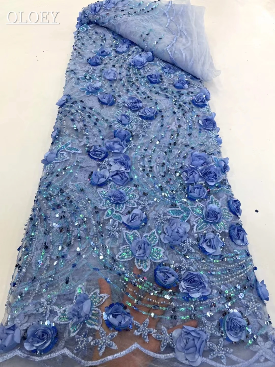 

High Quality Fashion French Embroidery 3D Flower Lace Fabric African Nigerian Sequin and Beads Lace Fabric For Wedding Dress