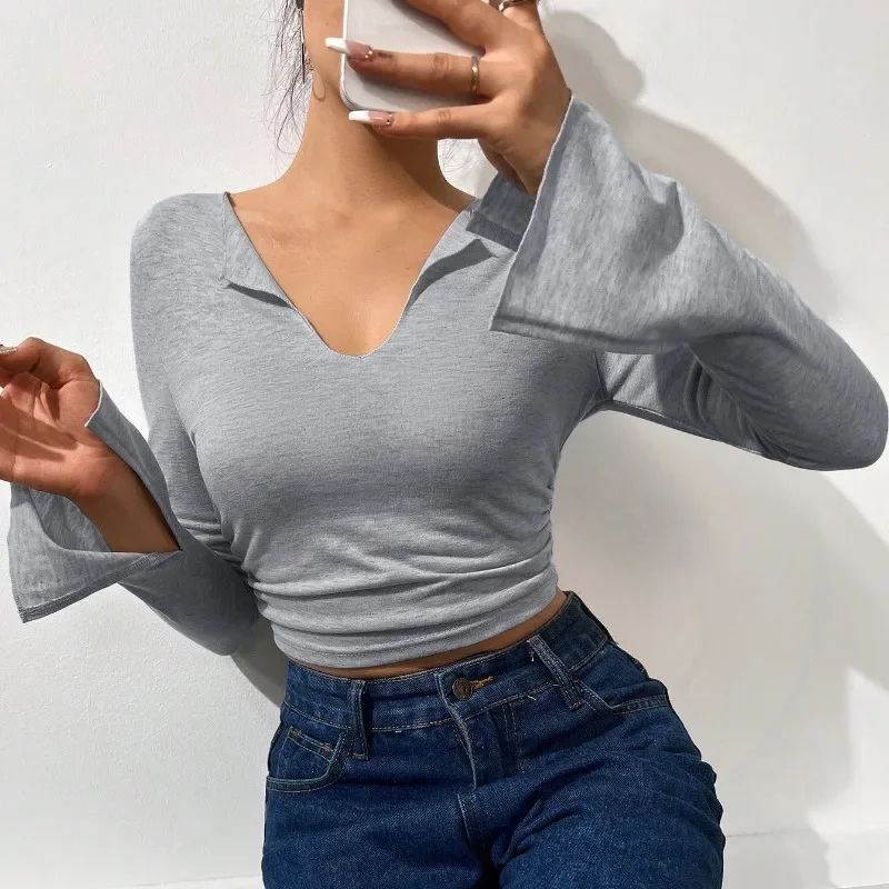 

Fashion Women's Clothing Autumn/winter Sexy Large V-neck Slim Fit Short Pleated Flared Sleeves Long Sleeved T-shirt Top YSQ39