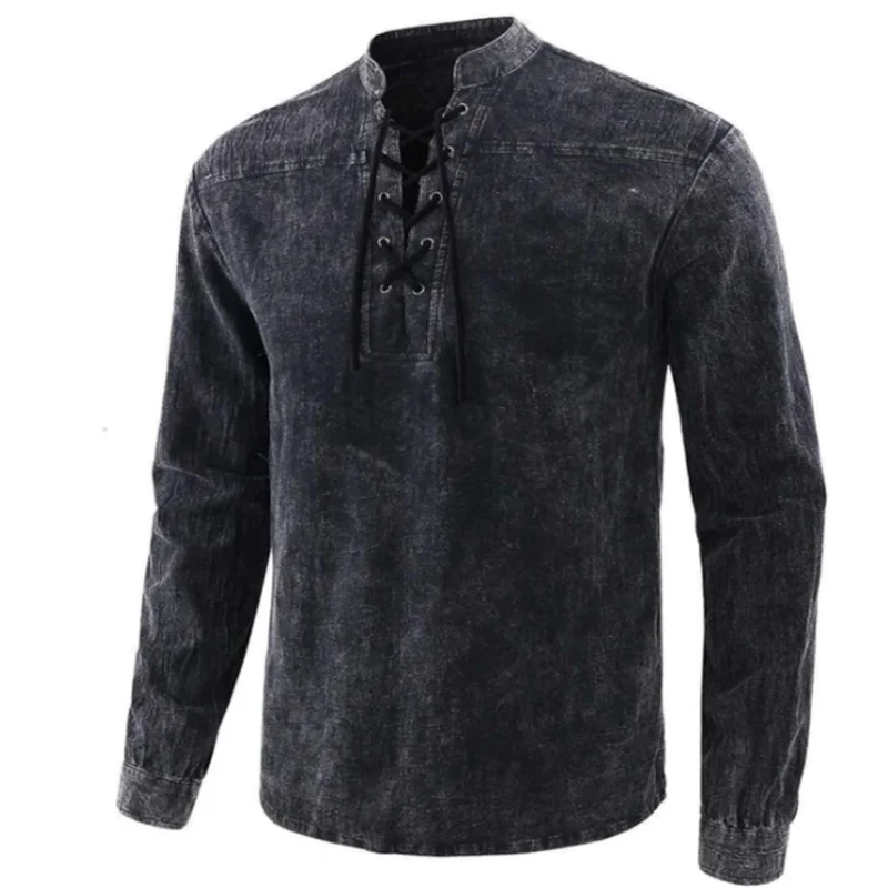 

Solid Color Vintage Long Sleeve Shirts For Men Autumn Casual Stand Collar Loose Shirt Blouse Men's Fashion Lace Up Retro T Shirt