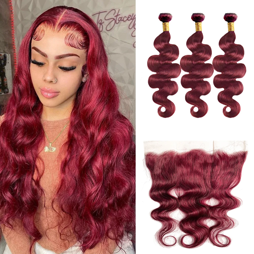 Body Wave 99J Burgundy Human Hair Bundles with Closure Frontal 13x4 Transparent Lace Frontal Brazilian Wine Hair Extenstion Remy