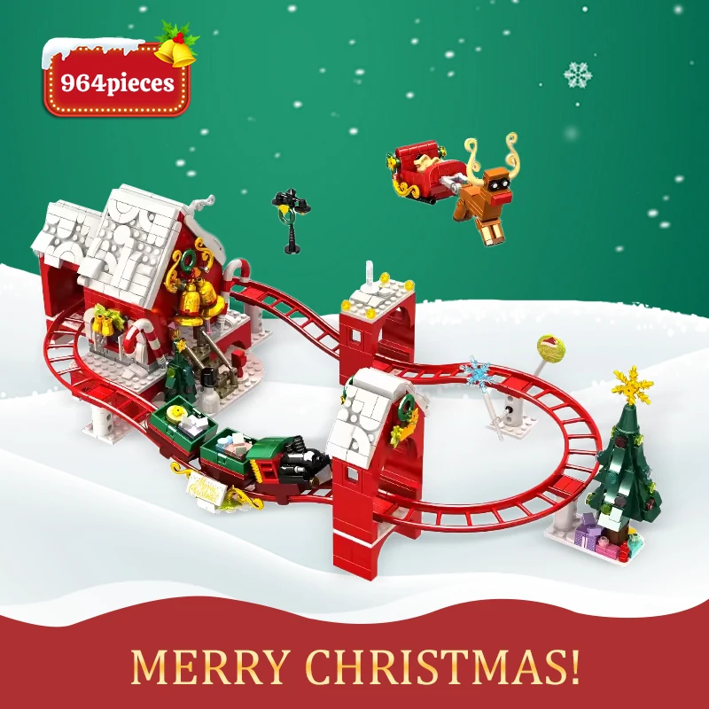 Christmas Gift Sante Holiday Rail Train Carousel Track Christmas Santa Decorations Model Building Blocks Bricks Kids Toys Gift