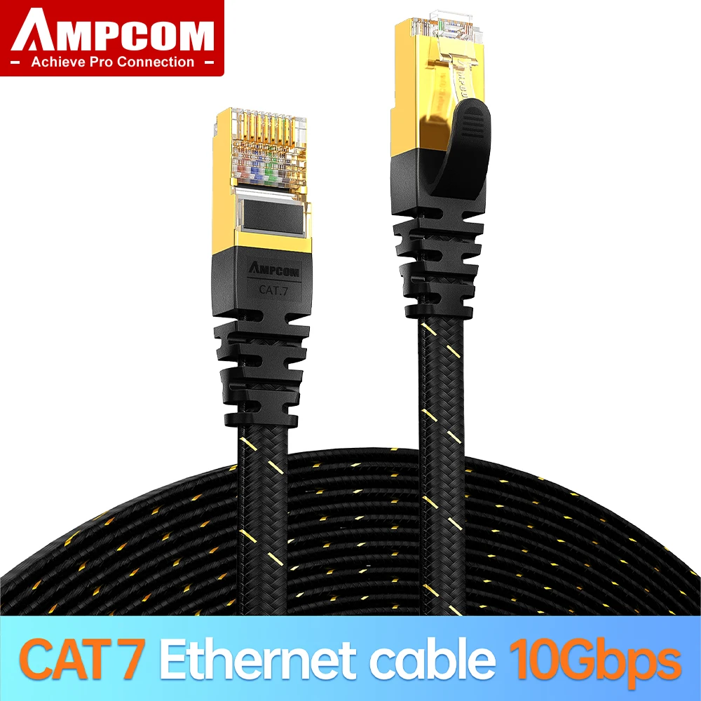AMPCOM CAT7 Ethernet Cable (10G 600MHz), Shielded Flat RJ45 Network Patch Cord, 50u Gold Plated Lead, Polyester Braided
