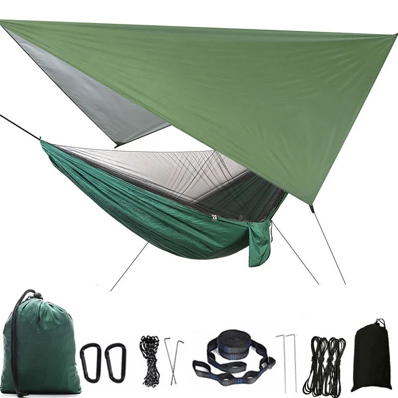 Camping Hammock Mosquito Net and Rain Fly Tarp Portable Tent Parachute Hammock with Tree Strap Indoor Outdoor Backpacking Travel 