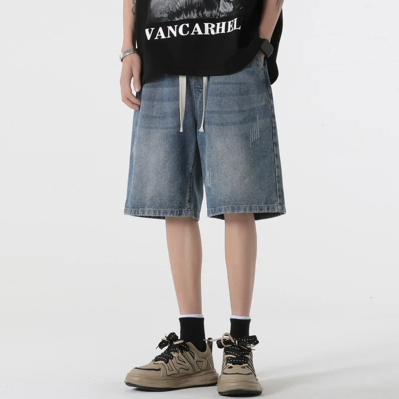 

Summer Casual Denim Shorts Blue Men's American Street Straight Loose Pants Elastic Waist Drawstring Short Jeans Free Shipping