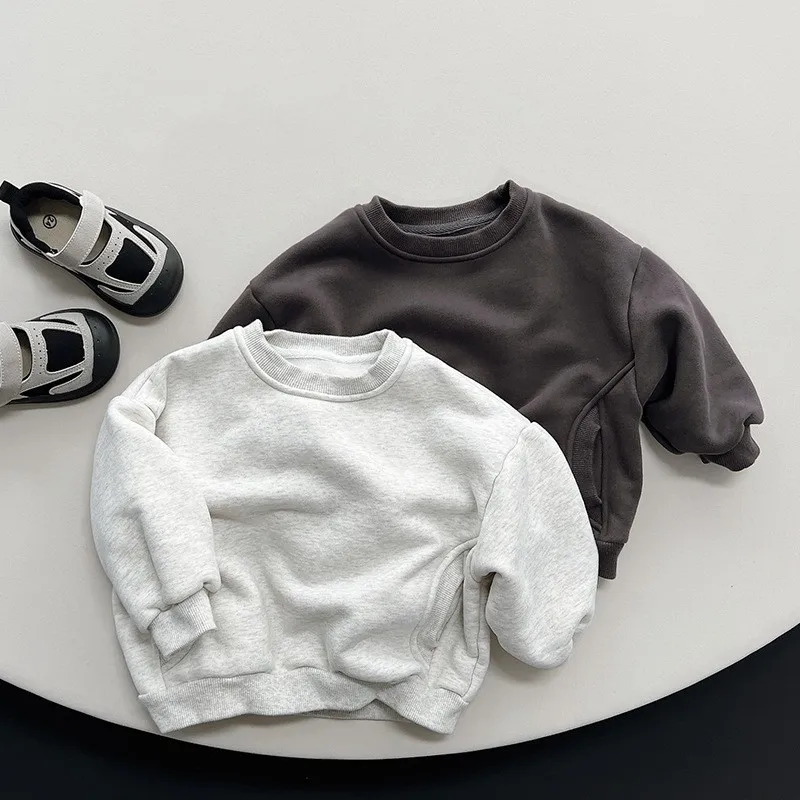 

Children Fleece Sweatshirt Baby Girls Solid Casual Pullover Long Sleeve Fashion Boys Versatile Warm Tops Winter New Kids Clothes