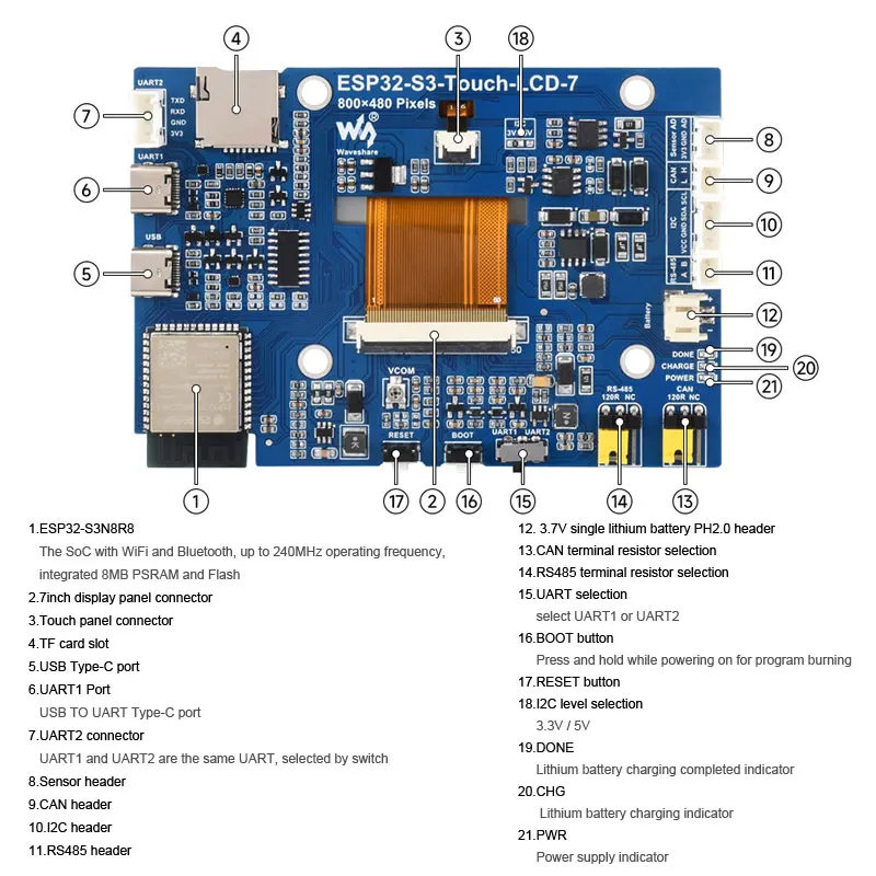 ESP32 S3 Touch LCD 7 Inch Capacitive Display Screen 800&times;480 Development Board Xtensa LX7 WiFi BT5 CAN RS485 Sensor HMI LVGL GUI development board touch screen display