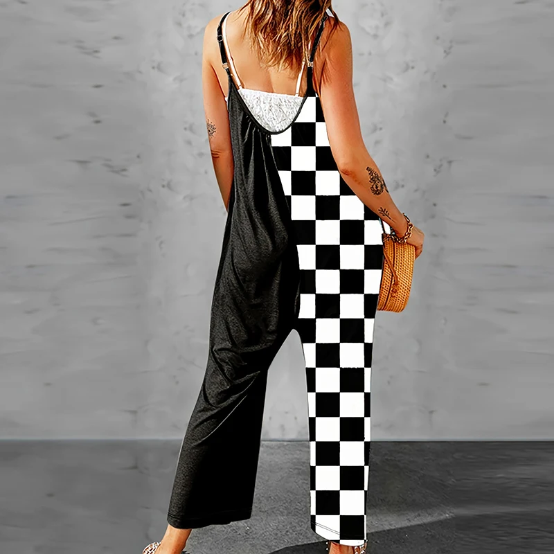 2024 Spring Summer Sexy Suspender Romper Casual Printed Patchwork Sleeveless Women Playsuit Fashion V-neck Pocket Beach Jumpsuit