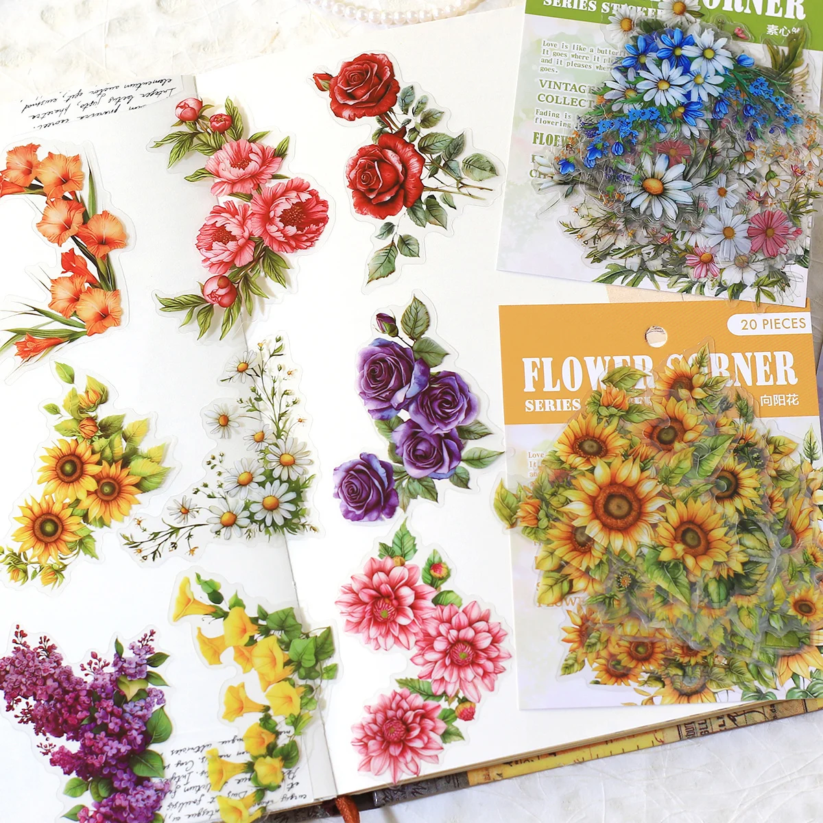 Journamm 120pcs/6pack PET 꽃 프레임 장식 스티커 스크랩북킹을 위한 투명 PET 꽃 코너 스티커
