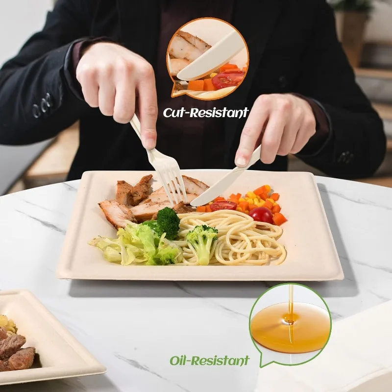 Compostable Party Paper Plates Set -[300 Pcs] 10 inch&8 inch Square Brown Paper Plates Heavy Duty, Utensils and Napkins-Eco