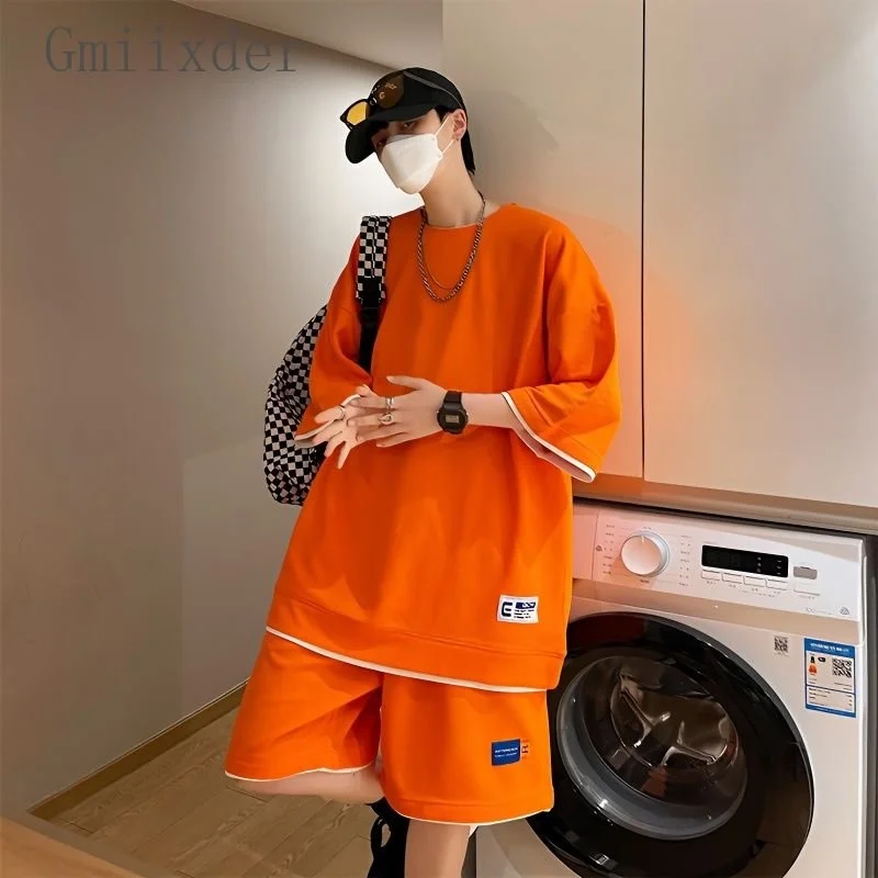 

Gmiixder 2023 Summer Sports 2pcs Suits Men Women Hong Kong Style Patchdesign Tracksuits Boys' Hip Hop Loose Waffle Casual Set