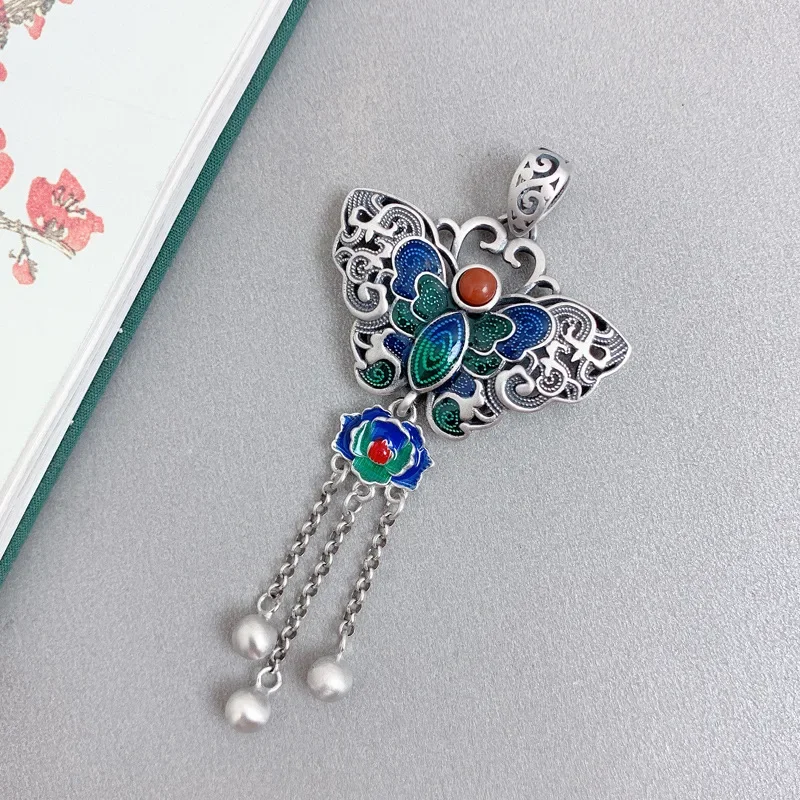 Ethnic Style 925 Silver Enamel Hollow Butterfly Pendant For Women Girls Handmade Vintage Blue Tassel Pendants Jewelry DZ051