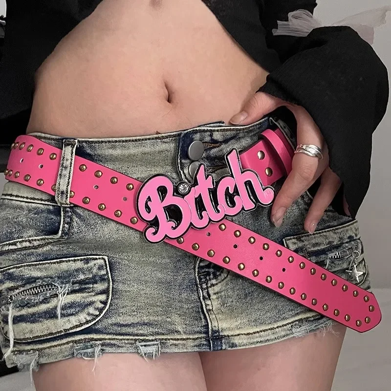 

New Fashion Millennium Spicy Girls European and American Street Letter Pink Belt Women's Subcultural y2k belt Versatile 3.8cm