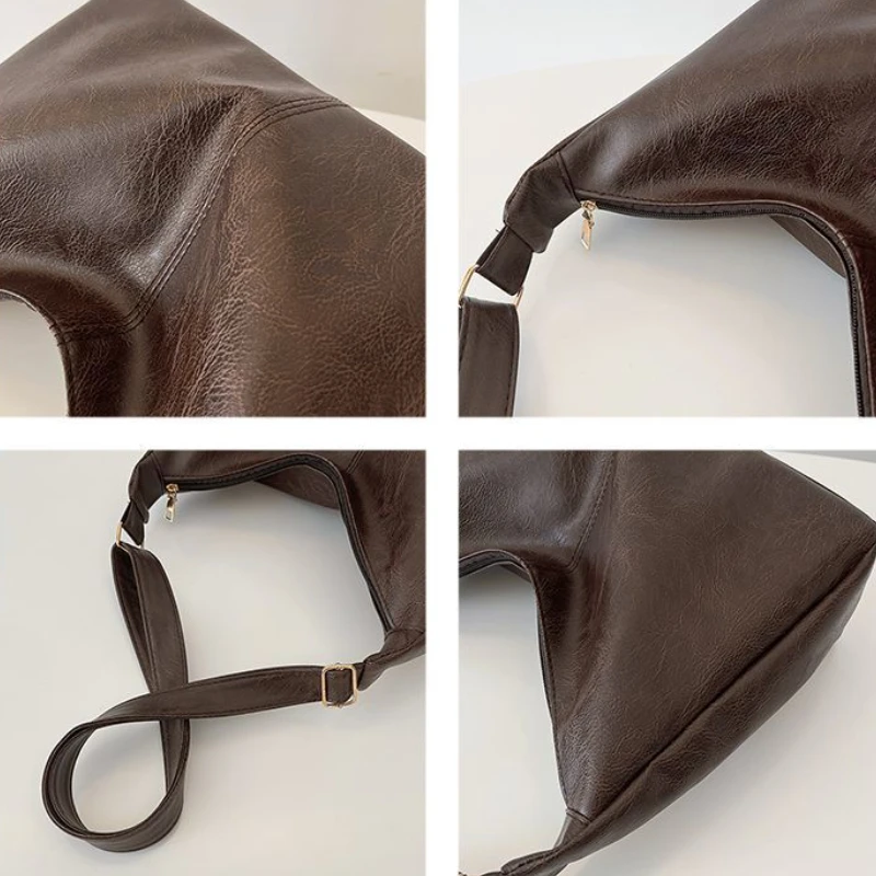 Vintage PU Leather Commuter Fashion Casual Tote Bag Maillard Stylish Crossbody Bags for Women Texture Large Capacity Temperament