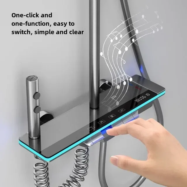 ระบบฝักบัวผสมหรูหราพร้อมจอแสดงผลดิจิตอลเทอร์โมสแตทคีย์เปียโนควบคุมแผงกระจกนิรภัยไฟ LED ชุดห้องน้ํา 1