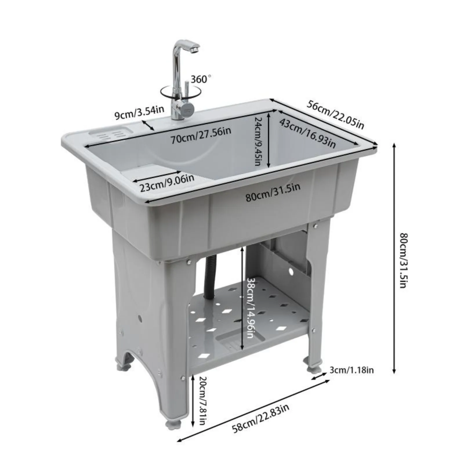 Utility Sink with Storage Shelf Slop Sink Single Bowl with Tap Washing Station Laundry 200kg Gray