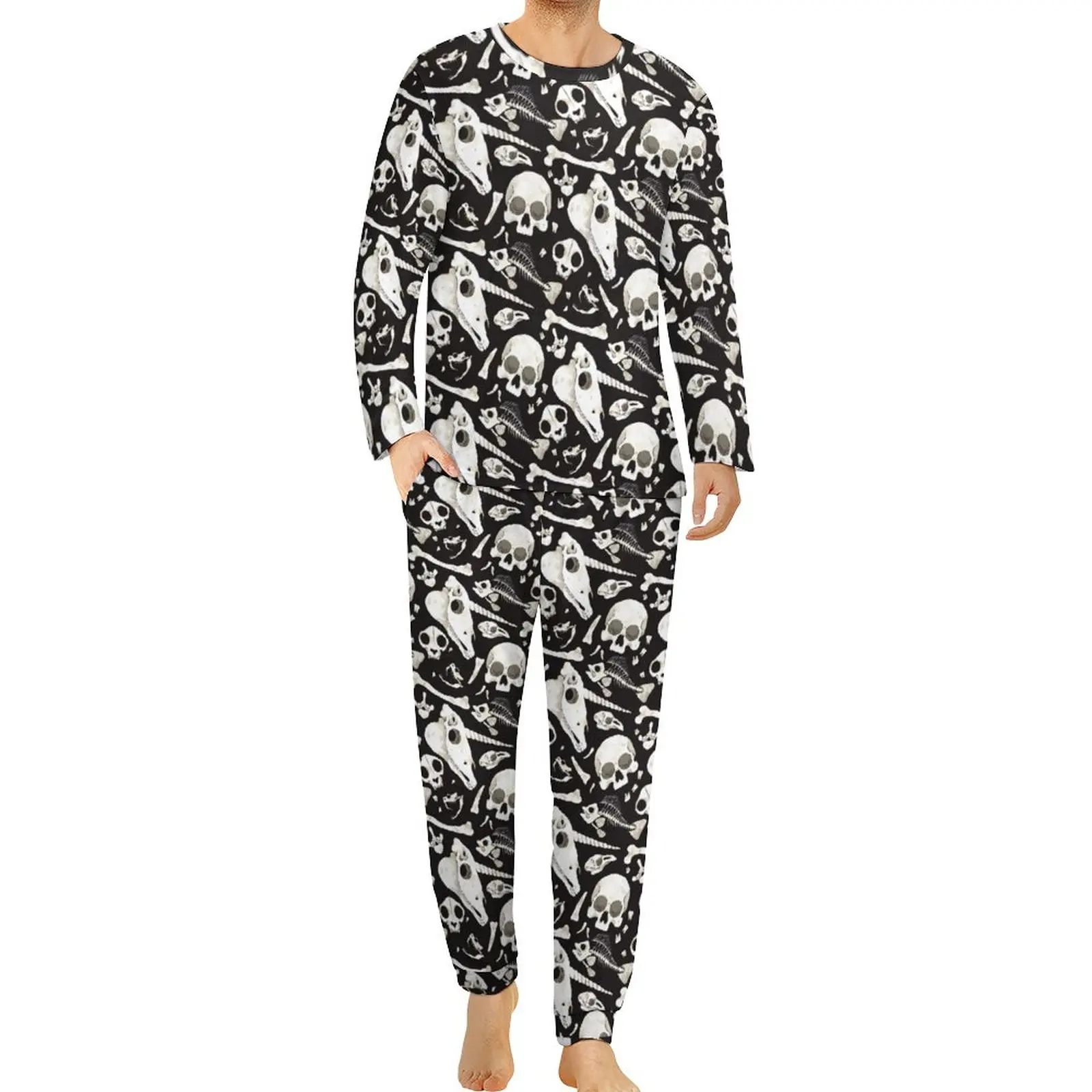 

Black Skulls And Bones Wunderkammer Pajamas Long Sleeve Creepy 2 Piece Leisure Pajama Sets Mens Custom Cool Oversize Nightwear