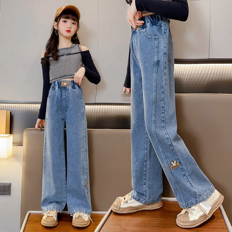 

Girls Denim Wide Leg Pants Solid Color Pants Loose Jeans For Girls Casual Children Spring Children's Trousers Clothes 5-14Years
