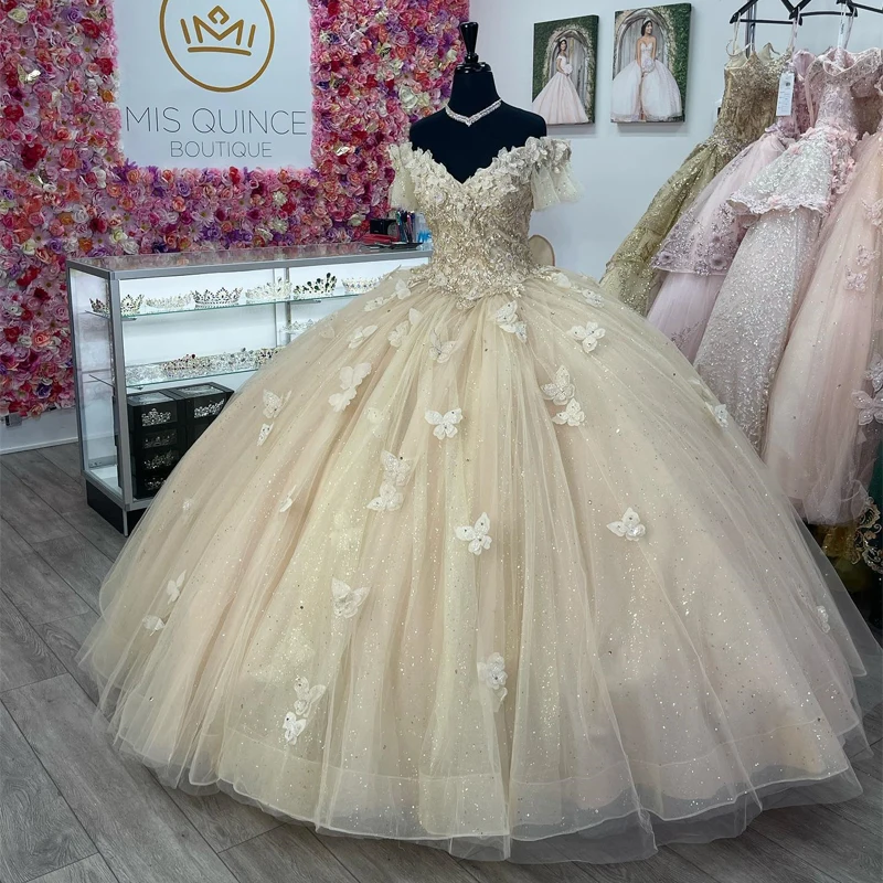 

ANGELSBRIDEP Роскошные блестящие платья Quinceanera бабочки кружевные платья 15 лет цветы с открытыми плечами корсет для дня рождения
