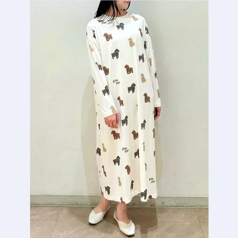 Room Wear Ladies Pajamas Autumn and Winter New Women's Nightdress Teddy Bichon Pomeranian Long Sleeve Dress Cotton