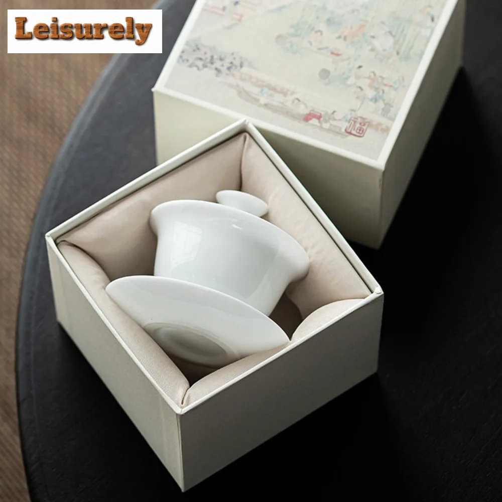 140ml Iced Jade Porcelain Gaiwan Linglong Three Talent Tea Tureen Japanese Tea Making Cover Bowl for Tea Supplies Collection