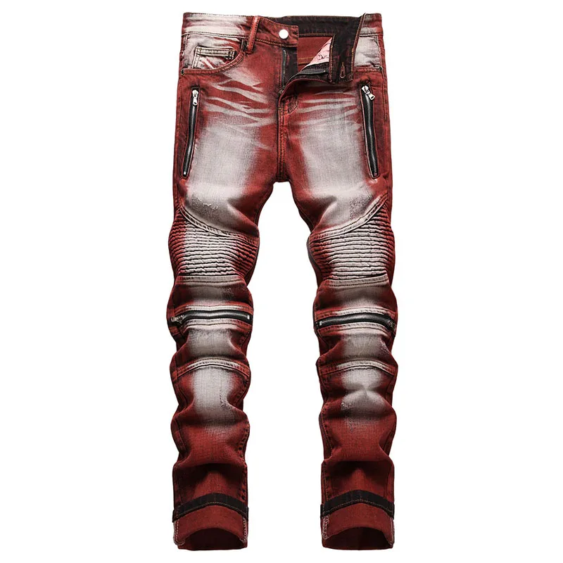 Men Casual Jeans Coated Straight Pleated Biker Jeans Male Motorcycle Denim Pants Vaqueros Hombre Plus Size 42 denim pants denim trousers men trousers