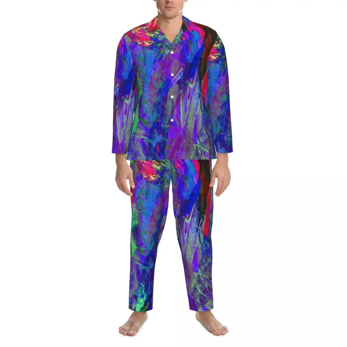 

Pajamas Male Colorful Neon Paint Home Sleepwear Abstract Graffiti 2 Piece Casual Pajama Set Long Sleeve Warm Oversize Home Suit