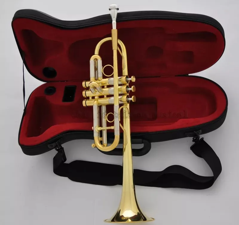 Professional Heavy C key Trumpet horn Gold Finish Monel Valves 5" Bell Hard Case