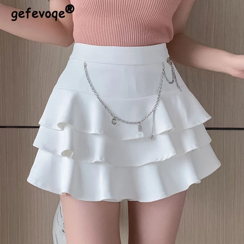 

Sexy Layered Ruffles High Waist Sweet with Chain A-line Skirt for Women 2024 Summer Korean Fashion Y2K Solid Slim Shorts Skirts