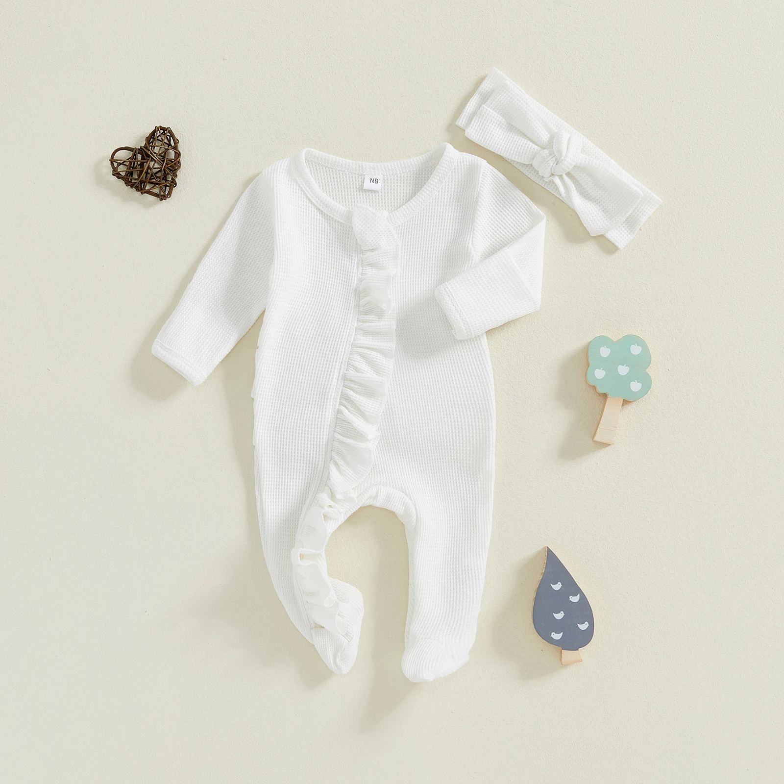 Baby Girl Fall Footies Outfits Ruffle Trim Long Sleeve Full Length Zipper Footed Romper Bow Headband