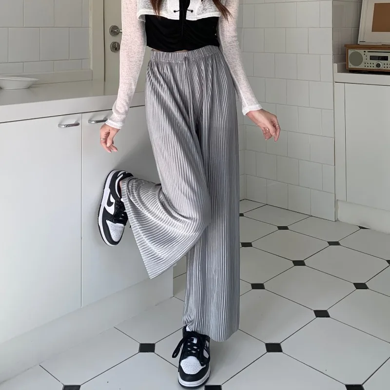 Trousers Ice Shreds Cool Straight Cylinder Woman High Waisted Pendant Pleating Wide Legs Loose Fitting Leisure Mopping The Floor