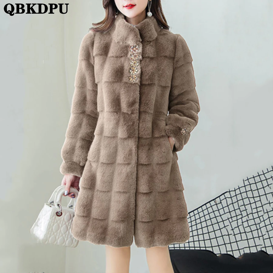 

Утолщенное пальто средней длины из искусственного меха норки с капюшоном, женское мягкое теплое плюшевое пальто, пушистая куртка, зимняя Свободная верхняя одежда в полоску