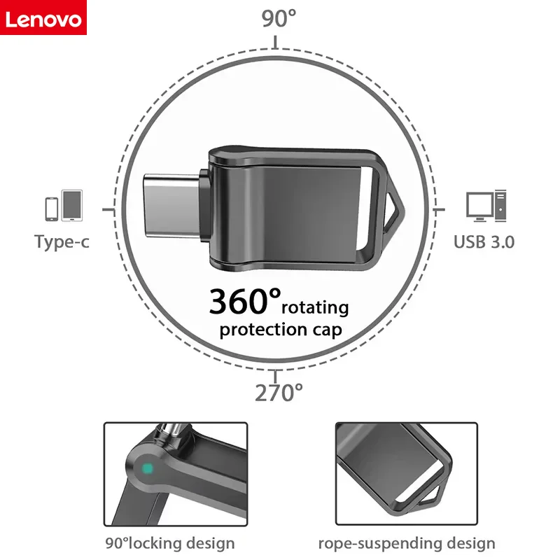 Lenovo 2TB USB 3.2 Flash Drive High Speed USB 1TB 512GB Type-C Interface Dual-Use Flash Memory Stick For Mobile Phone Computer