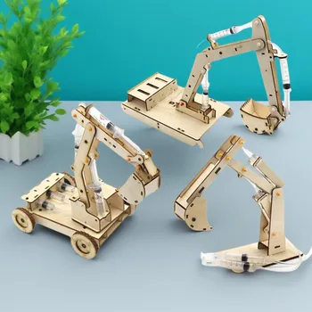 Handmade DIY wooden hydraulic excavator model children's puzzle toy wooden science experiment parent-child interaction