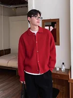 Red Knitted Sweater Car Coat for Men Youth Sle Long Sve Turn-down Collar Winter Outerwear Daily Wear Luy Year Line irt