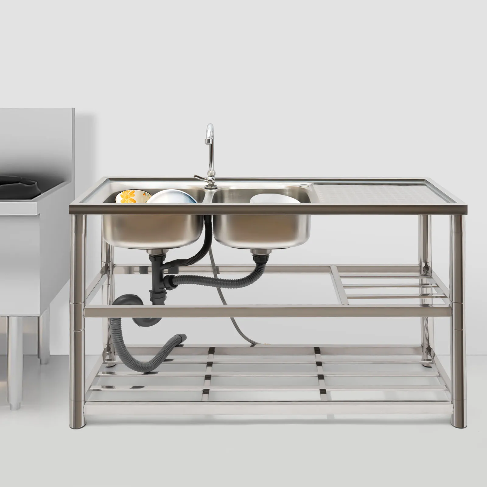 Free Standing Stainless-Steel Double Bowl Commercial Restaurant Kitchen Sink Set w/Faucet & Drainboard