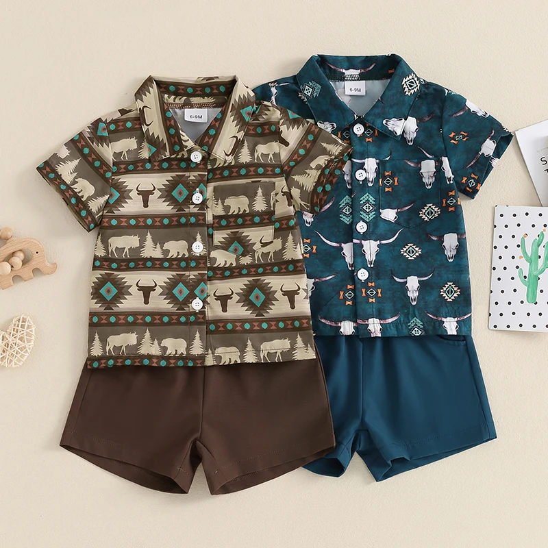 

2024-03-09 Lioraitiin 6M-3Y Toddler Baby Boy Clothes Set Western Short Sleeve Bull Print Tops + Shorts Set Outfits 2PCS