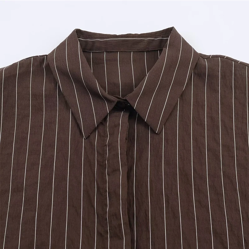 Women's Stripe Shirt Spring Autumn New Long-Sleeve Brown Shirt With Waist Buckle Decoration Loose Fit Casual Blouse Top ﻿