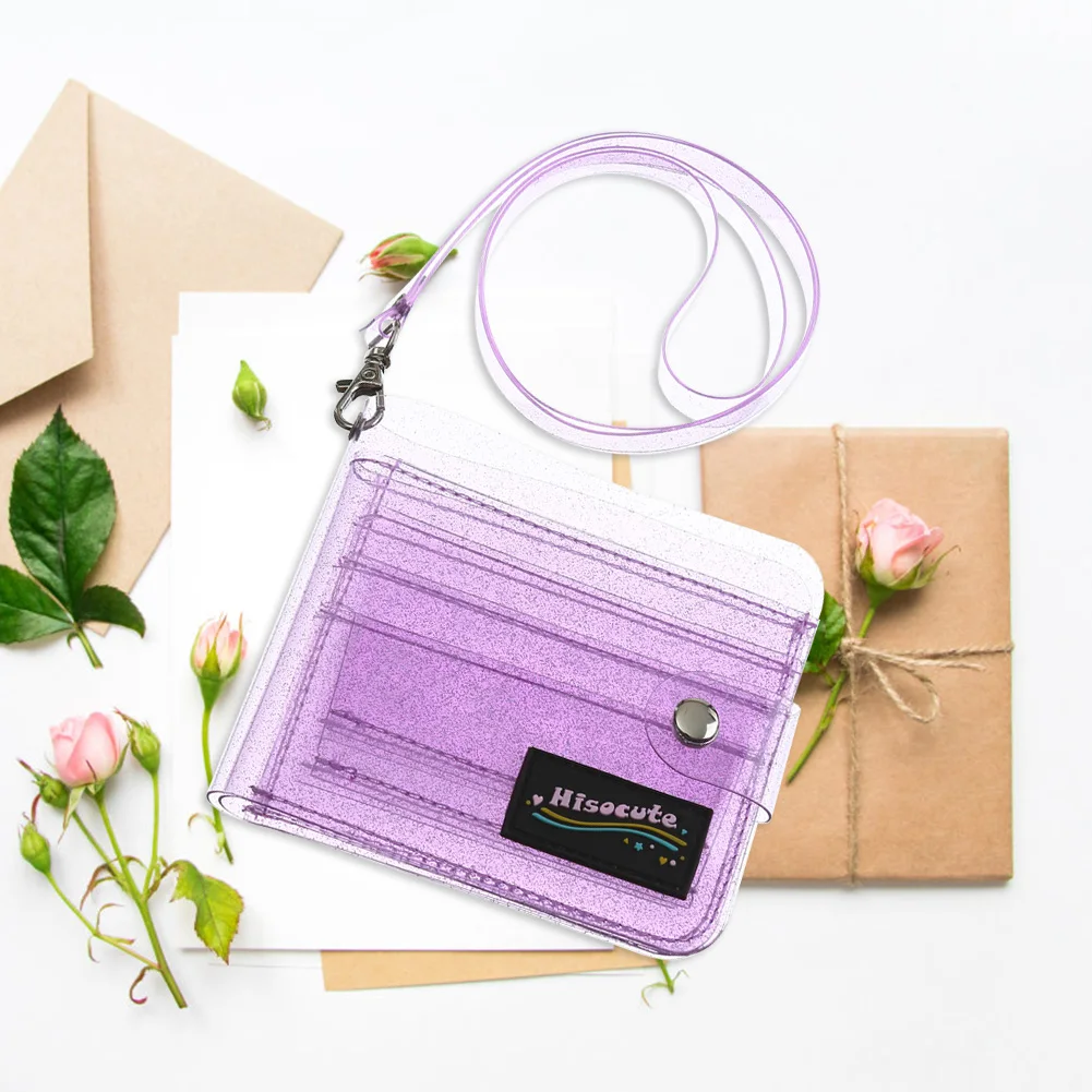 Bling Clear ID Card Holder PVC Women Folding Money Clip Wallet (Purple)