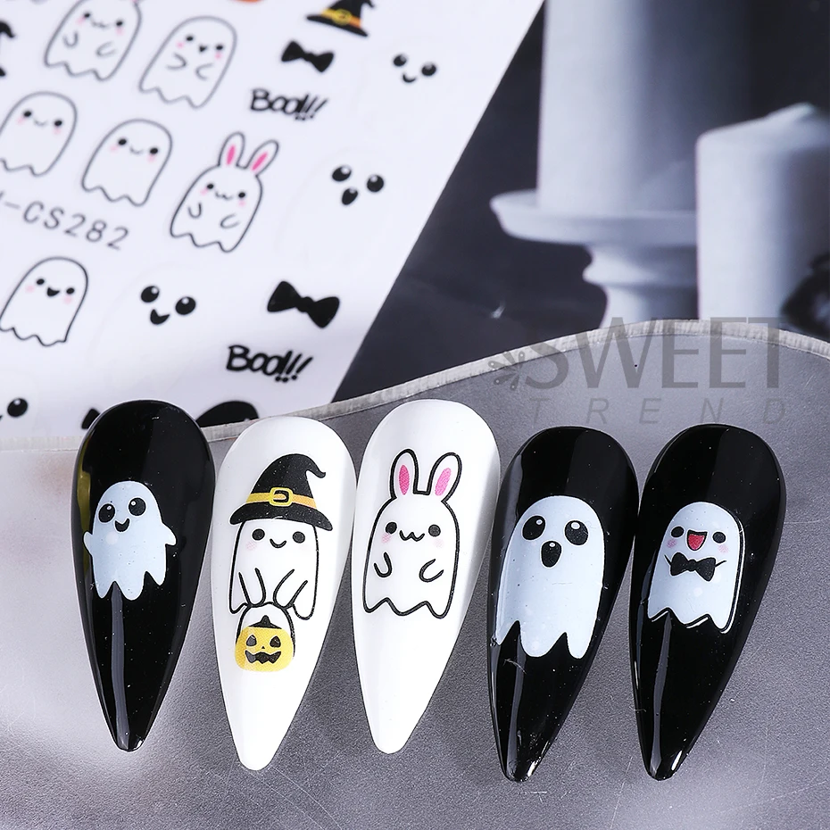 2pcs Halloween Nail Stickers Cartoon Black Ghost Pumpkin pattern Self-Adhesive Nail Decals DIY Charms Slider Manicure Decoration