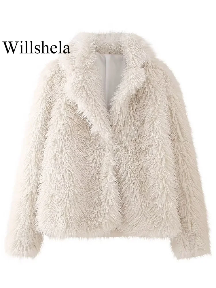 

Willshela женские модные куртки из искусственного меха бежевого цвета с открытой строчкой винтажные куртки с отворотом и длинными рукавами женские шикарные наряды