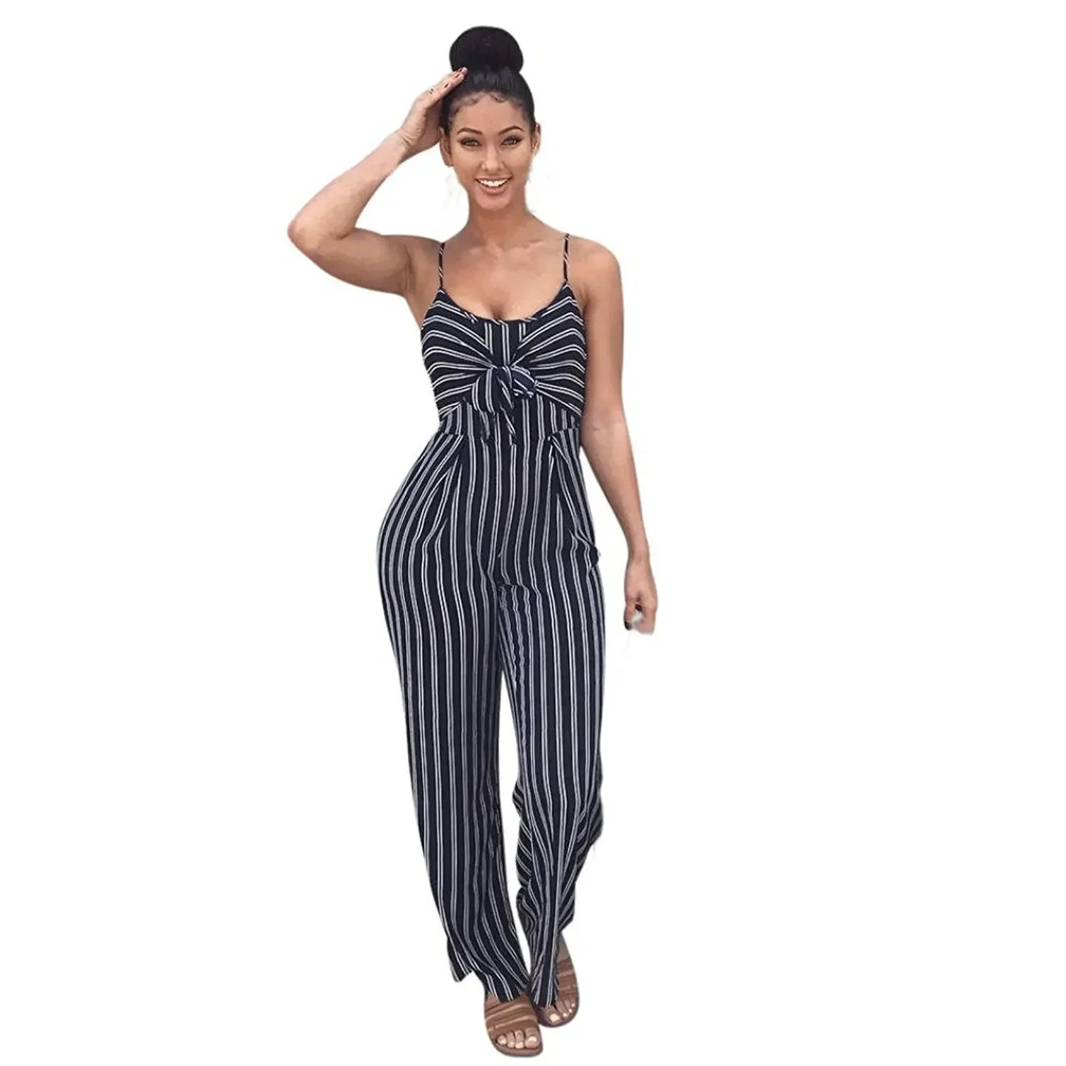 Summer European and American Large Size Women's Sexy Nightclub Stripe Sling Wide Leg Jumpsuit 2