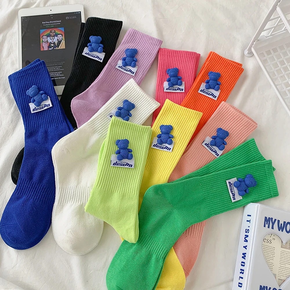 3Pairs Cute Bear Candy Color Mid Tube Socks Spring Summer Harajuku Women Leisure Breathable Skateboard Student Girls Cotton Sock