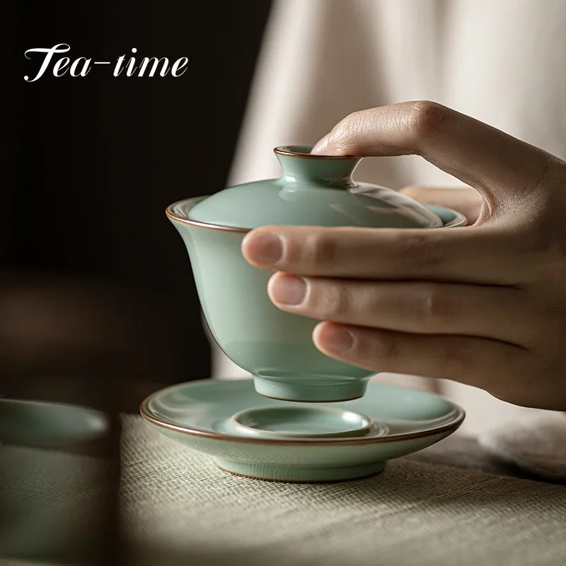 120ml Retro Azure Porcelain Tea Tureen Ru Kiln Sancai Cover Bowl Household Tea Maker Cup Saucer Can Raise Kungfu Teaset Gift Box