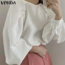 

2022 VONDA Women Autumn Long Sleeve O Neck Blouses Ladies Casual Chemise Shirts Solid Tops Oversize Women's Clothing Female
