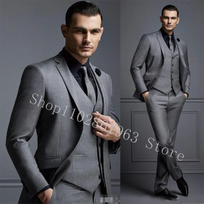 Gray Suits for Men Slim Fit 3 Pieces Male Suits Formal Business Groom Wear Wedding Tuxedos Blazer+Vest+Pants Costume Homme