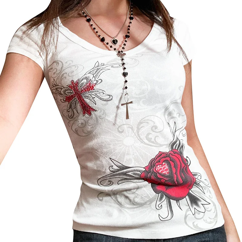

Женский цветочный укороченный топ с графическим рисунком, короткий рукав, облегающая футболка y2k с винтажным принтом для E-Girl, милая эстетичная одежда, уличная одежда